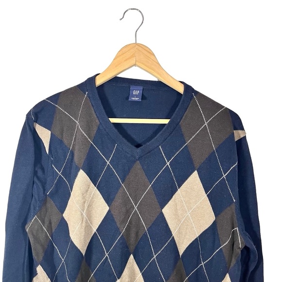 Gap Men’s Navy Blue & Tan Argyle Academia Long Sleeve V Neck Sweater Size Large - Picture 3 of 5